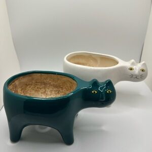 Ceramic Cat-Shaped Planters - Teal and White - Great planter for small plants!